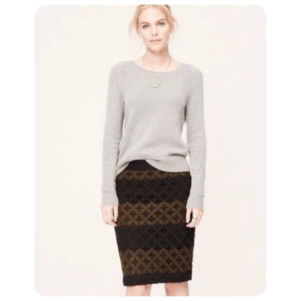 ! LOFT Black Olive Brown Crochet Lace Stripe Pencil Skirt sz 10